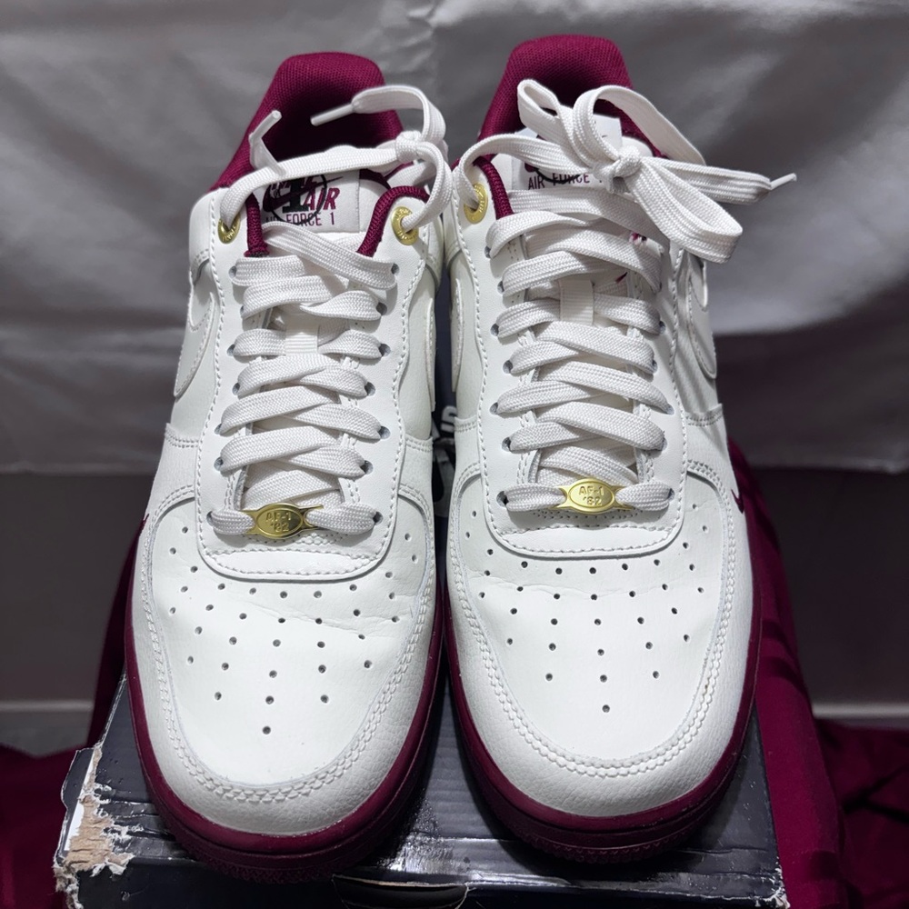 Nike Air Force 1 White and Burgundy Sneakers